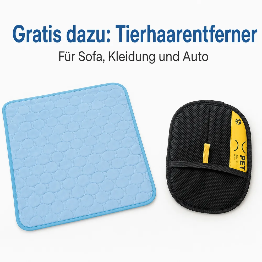 Blaue Kühlmatte neben einem Tierhaarentferner, gratis bei jeder Bestellung