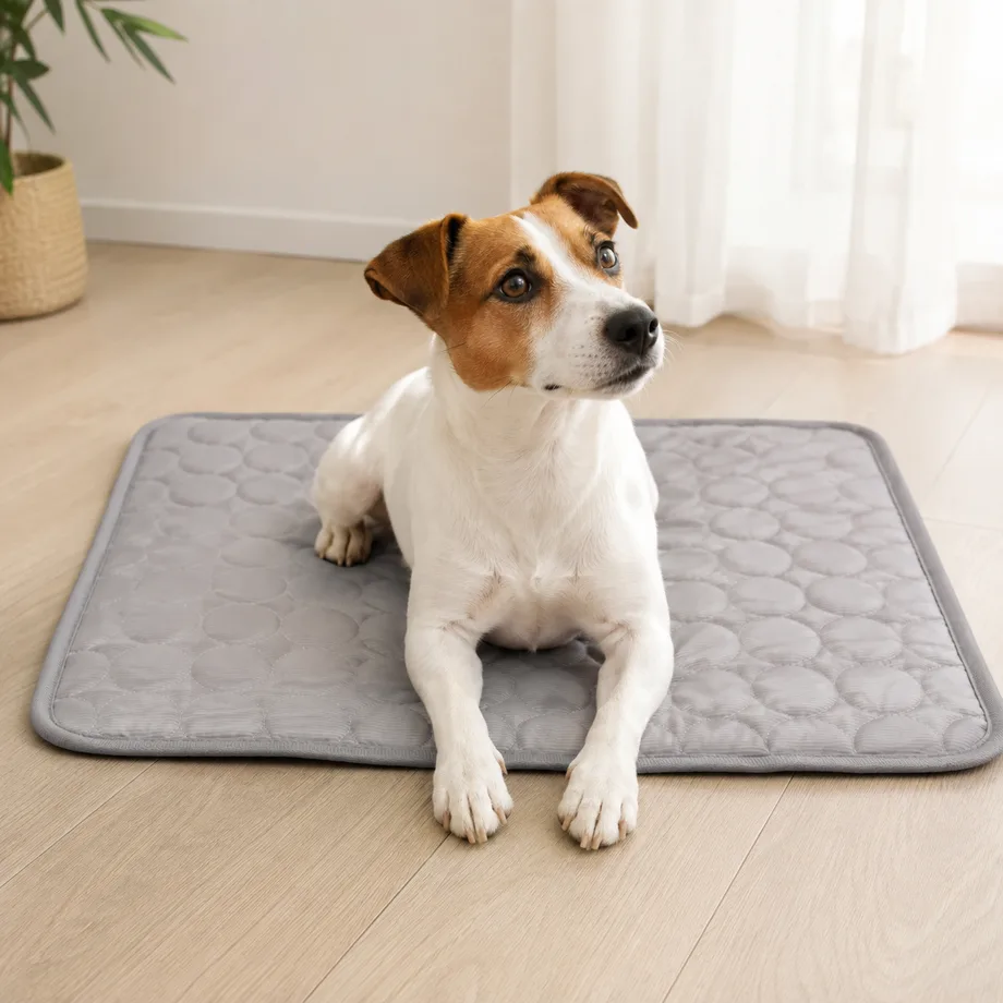 Jack Russell Terrier liegt aufmerksam auf einer grauen Kühlmatte