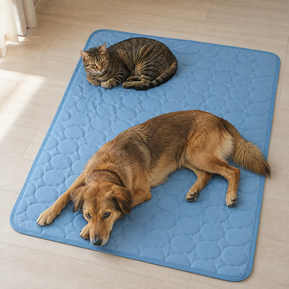 Hund und Katze liegen gemeinsam auf einer großen Kühlmatte