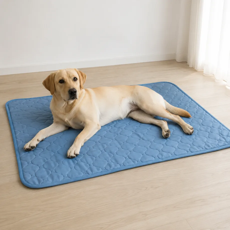 Labrador liegt entspannt auf einer blauen Frimouf Ice Kühlmatte