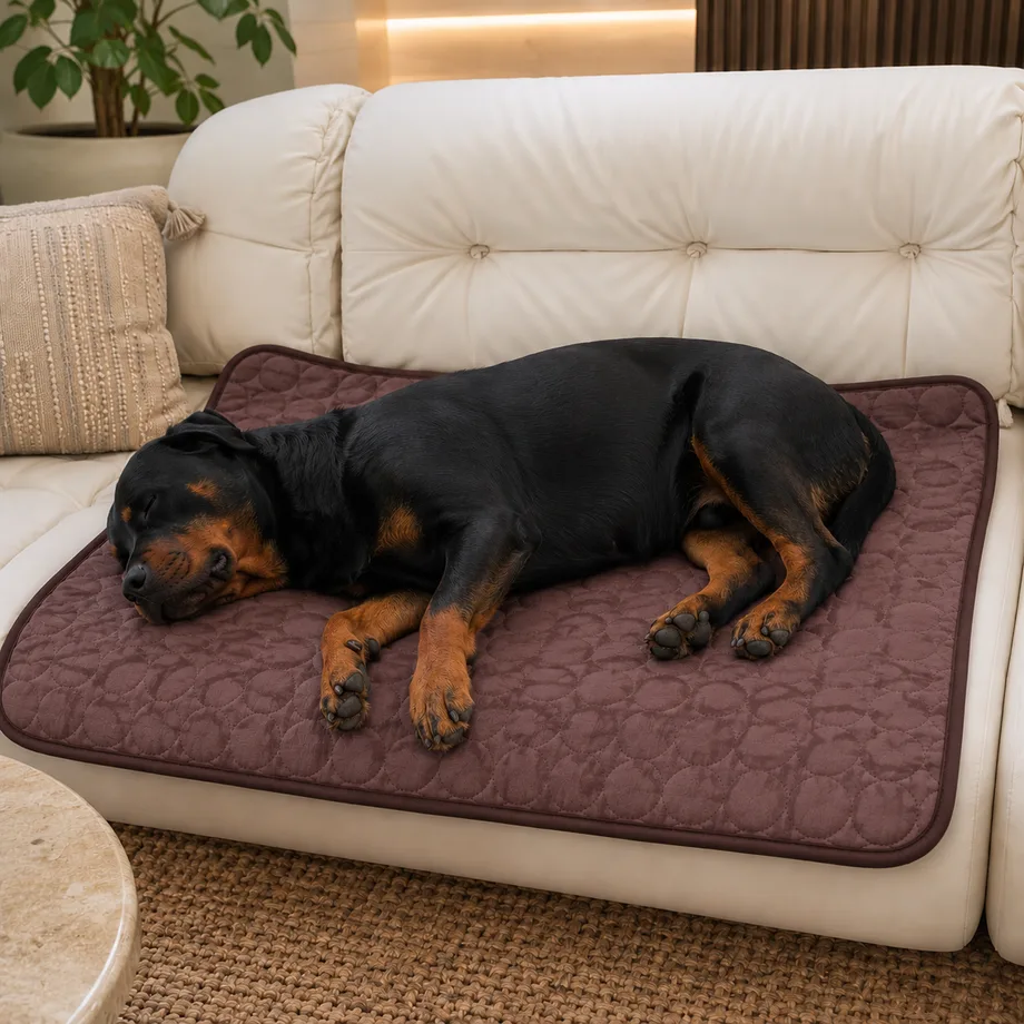 Rottweiler schläft auf einer braunen Kühlmatte auf dem Sofa