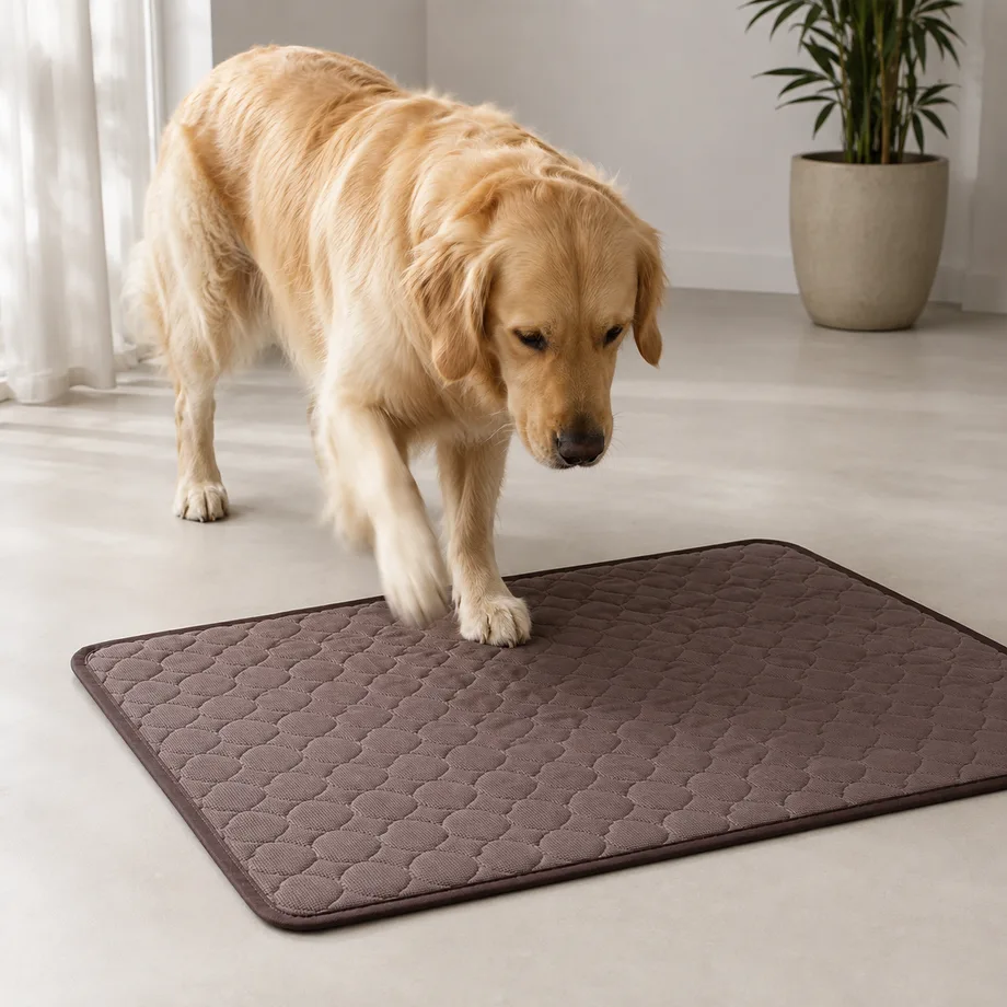 Golden Retriever setzt eine Pfote auf die braune Kühlmatte