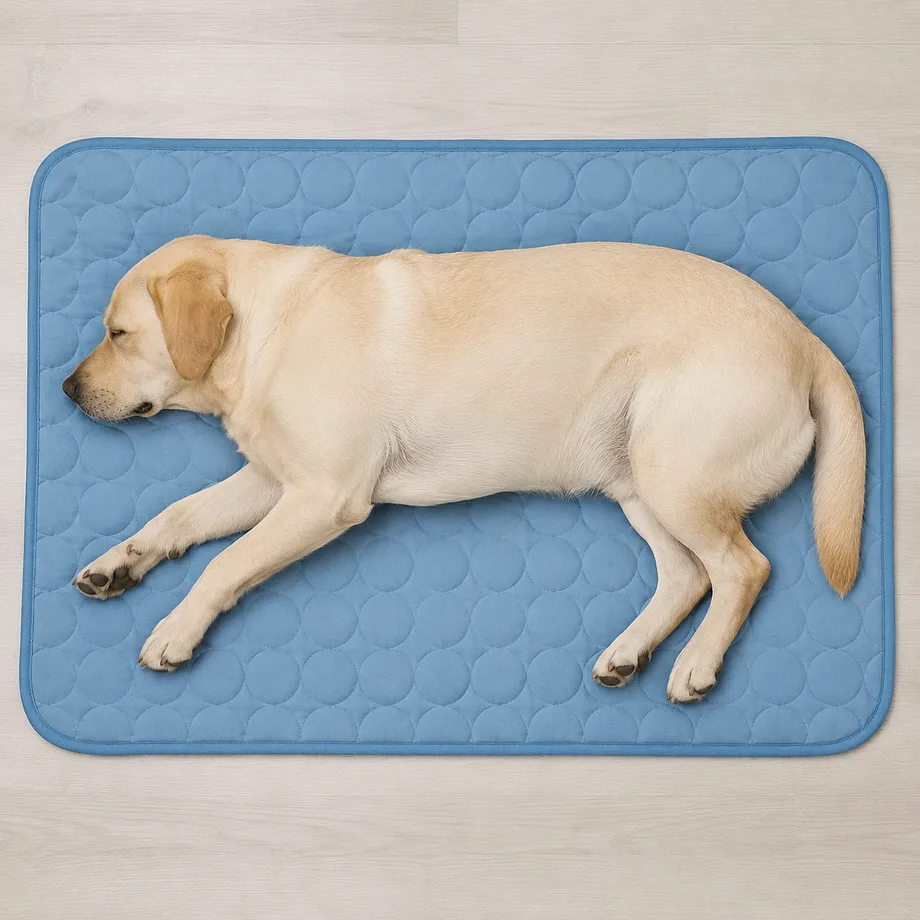 Labrador von oben auf der Kühlmatte, der Körper füllt fast die ganze Fläche