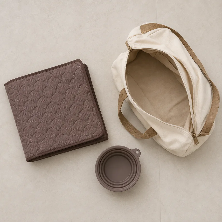 Zusammengelegte Kühlmatte neben Reisetasche und faltbarem Wassernapf