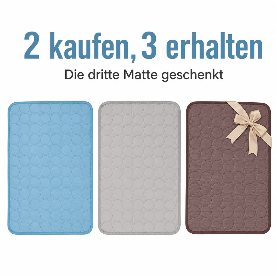 Drei Kühlmatten nebeneinander, die dritte mit einer Schleife: 2 kaufen, 3 erhalten
