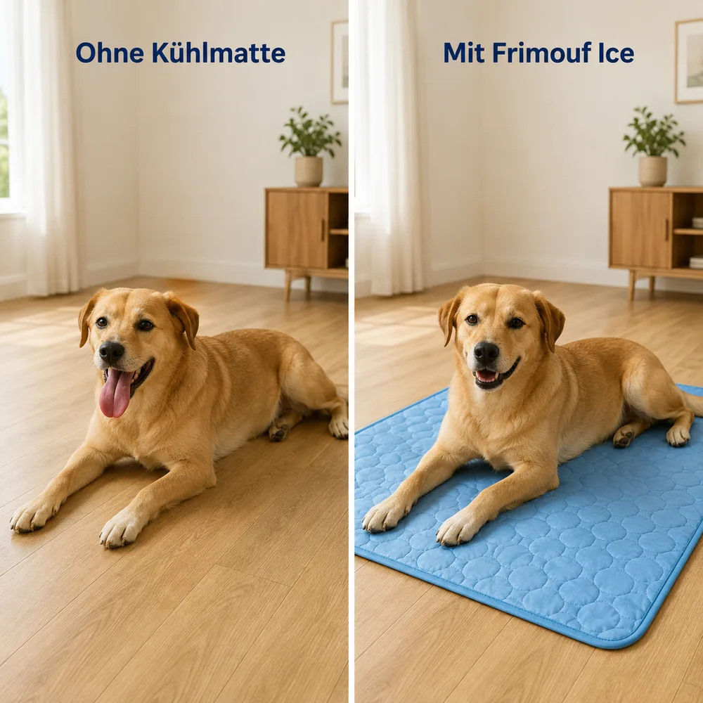 Derselbe Hund ohne Kühlmatte auf dem nackten Boden und mit Frimouf Ice, im selben Raum