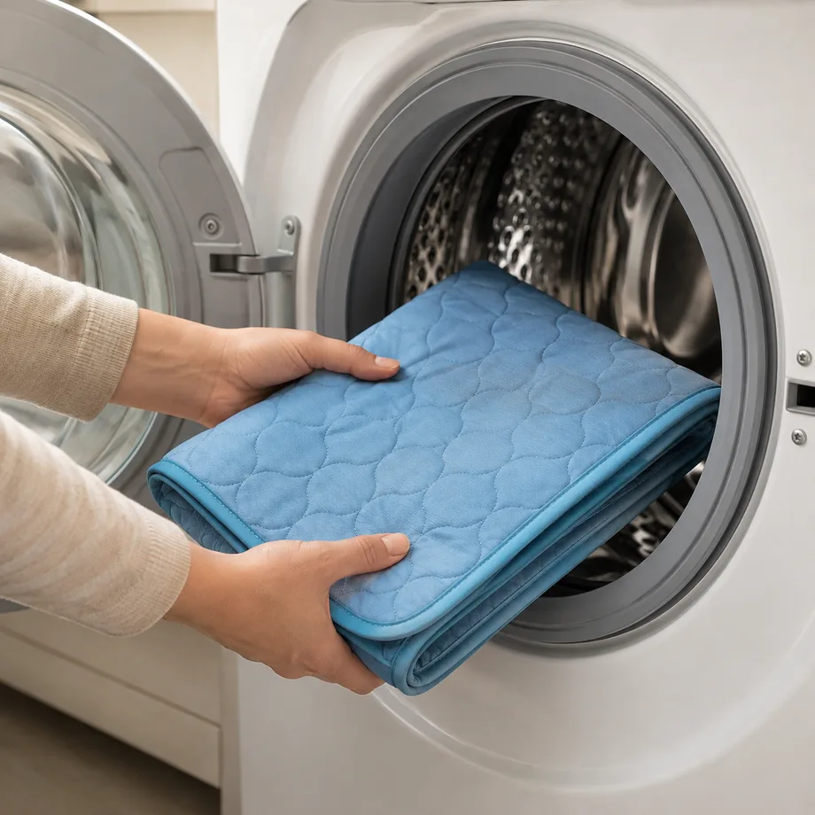 Zusammengelegte blaue Kühlmatte wird in die Trommel einer Waschmaschine gelegt